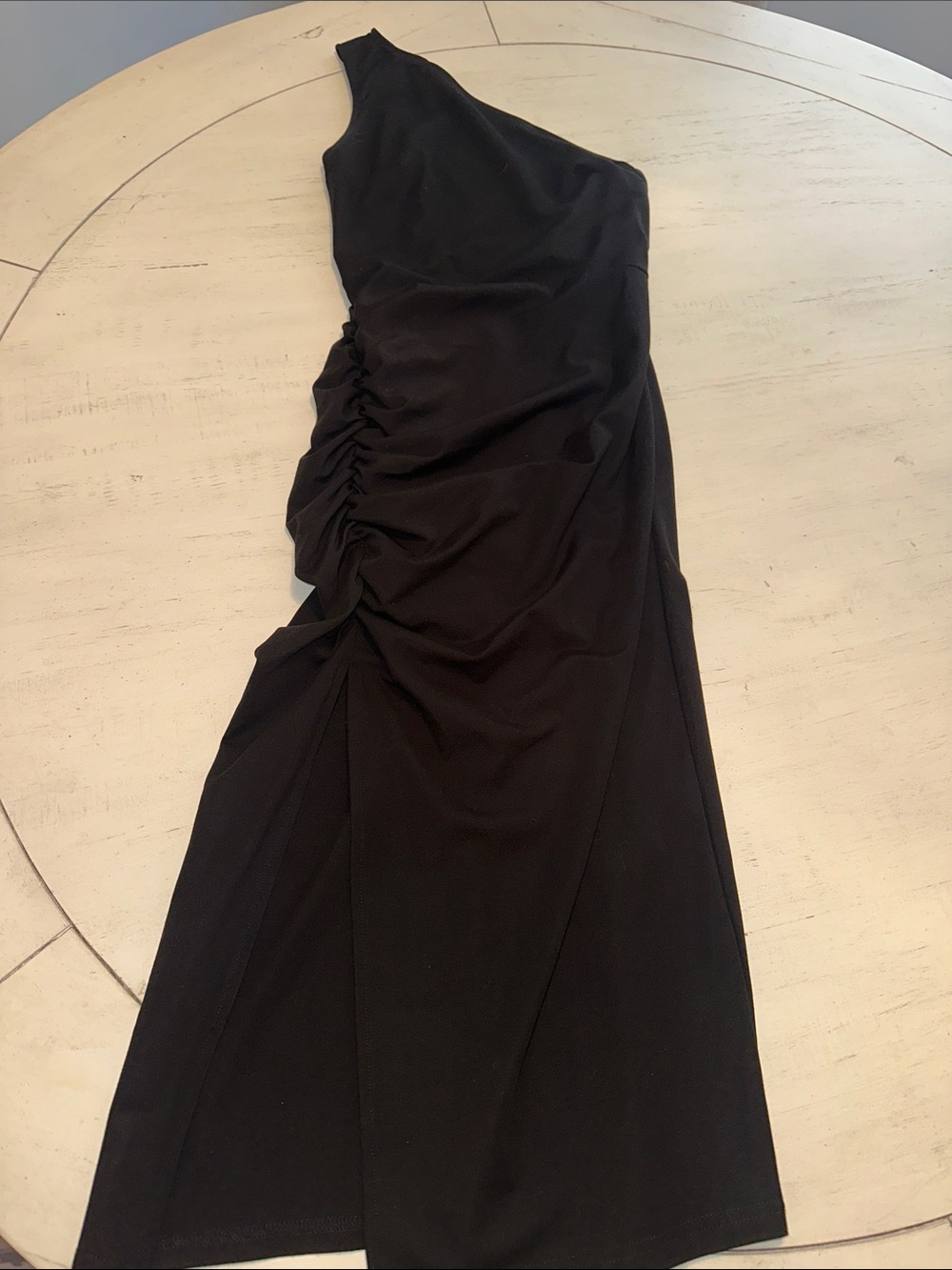 Asymmetric One-Shoulder Black Ruched Midi Dress